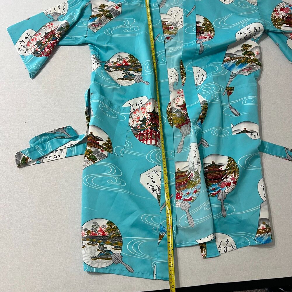 Vintage Japanese Style Kimono Robe Turquoise Fan Garden Print Belted One Size - Picture 4 of 12